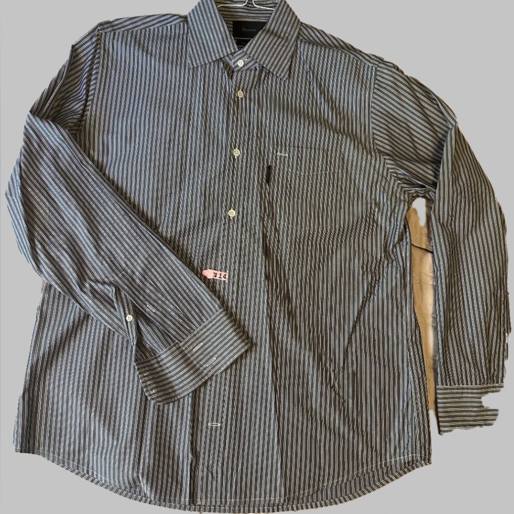 Façonnable Men's Shirt Brown and White Striped Long Sleeve Button Up Size Large